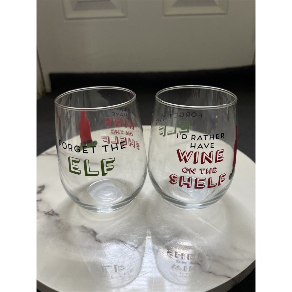 2pc Xmas 17oz Wine Glass ”Forget the elf…I’d rather have wine on the Shelf” NEW